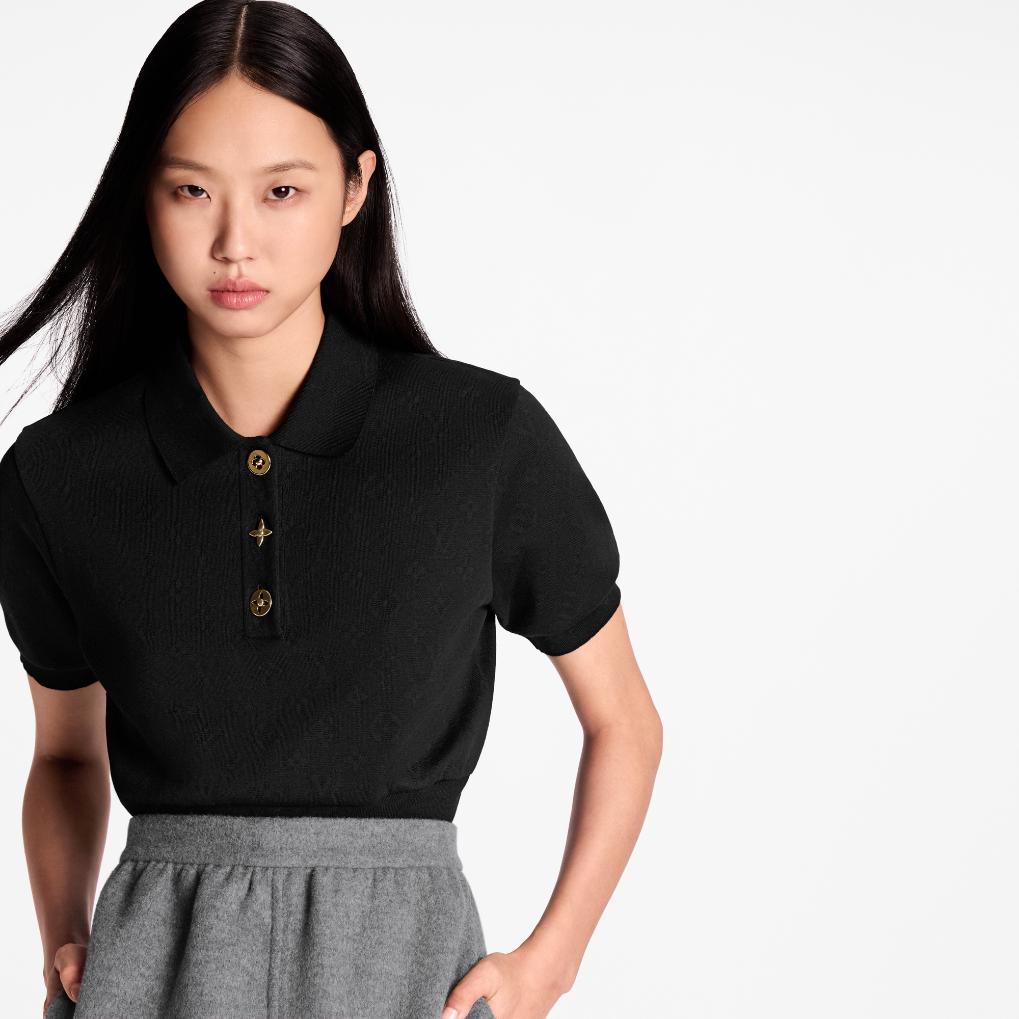 短身Monogram 圖案鈕扣 Polo 上衣  in 女士