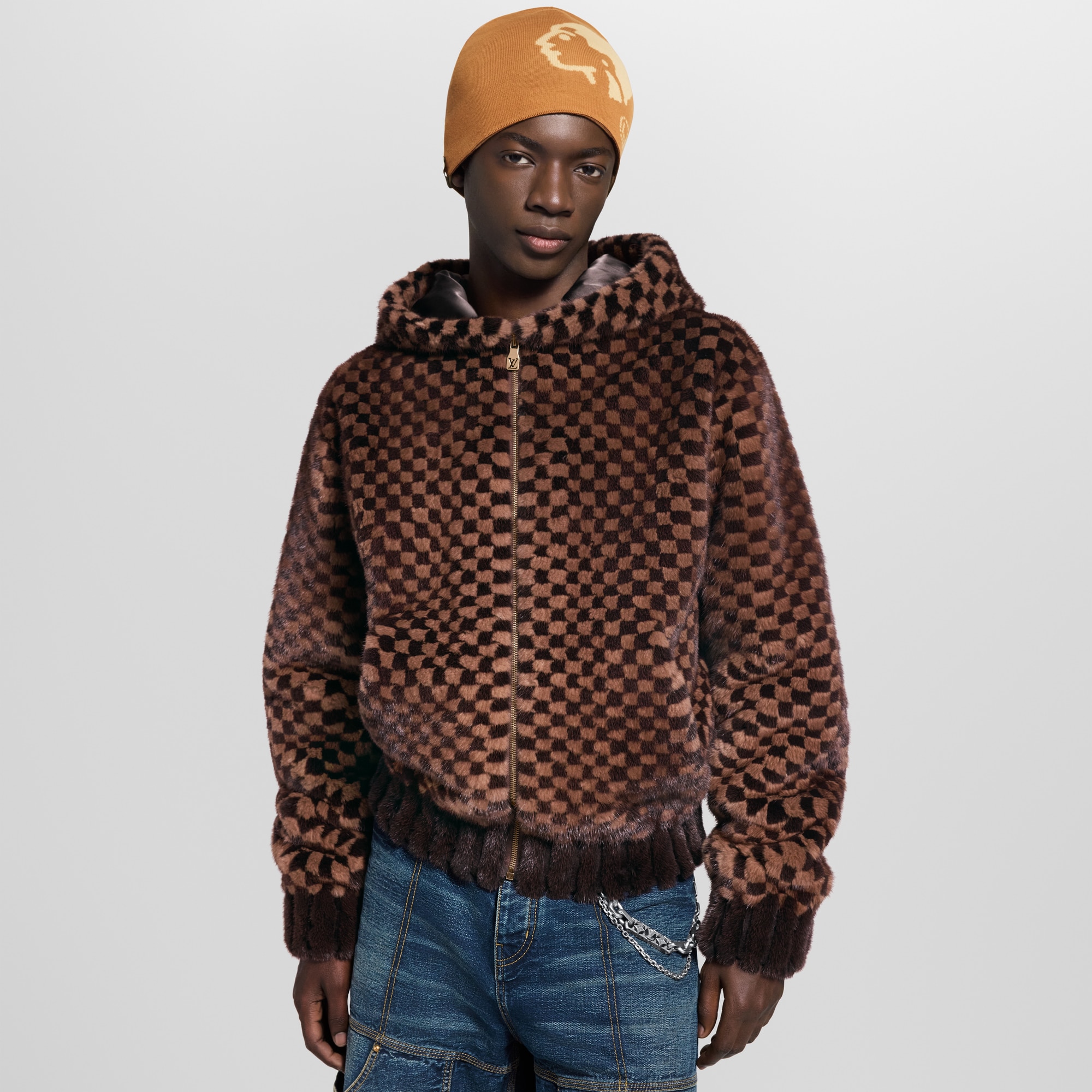 Damier 嵌花拉鏈貂皮連帽上衣  in 男士