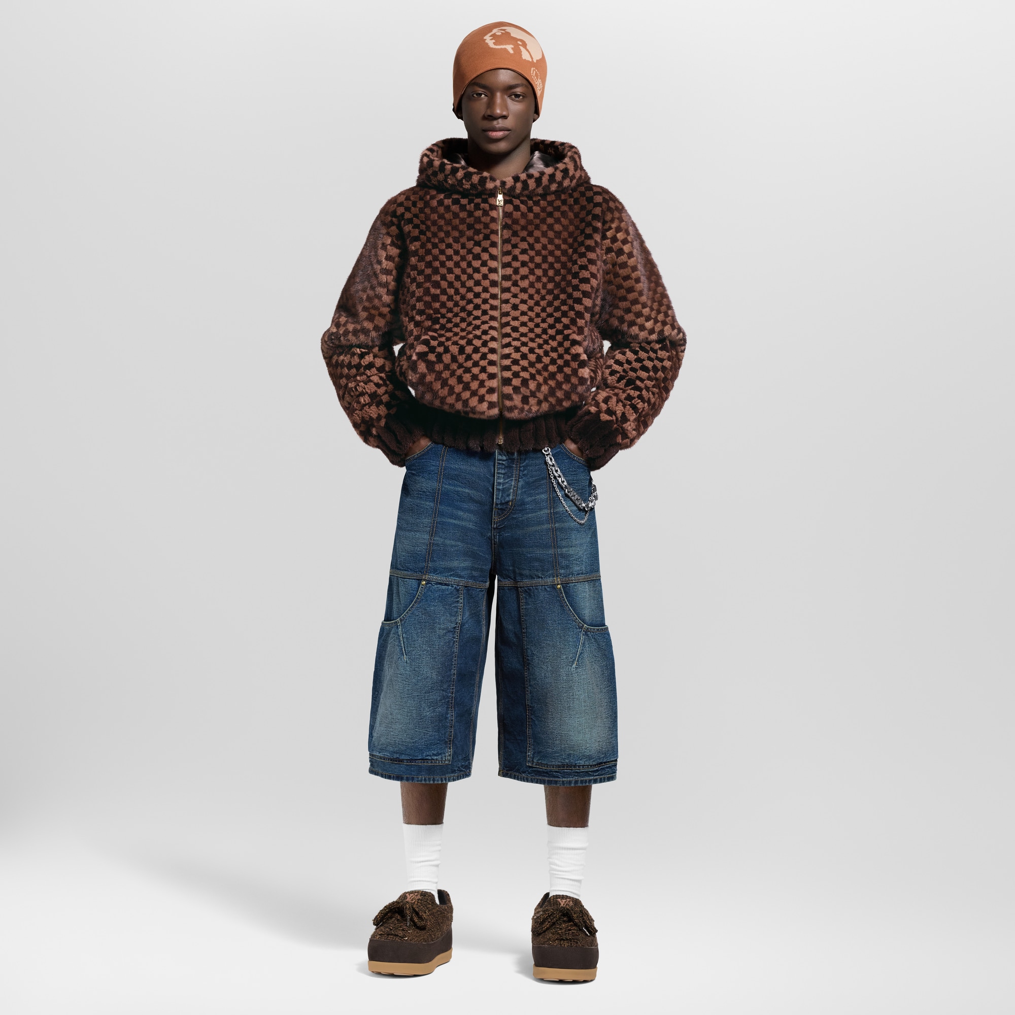 Damier 嵌花拉鏈貂皮連帽上衣  in 男士