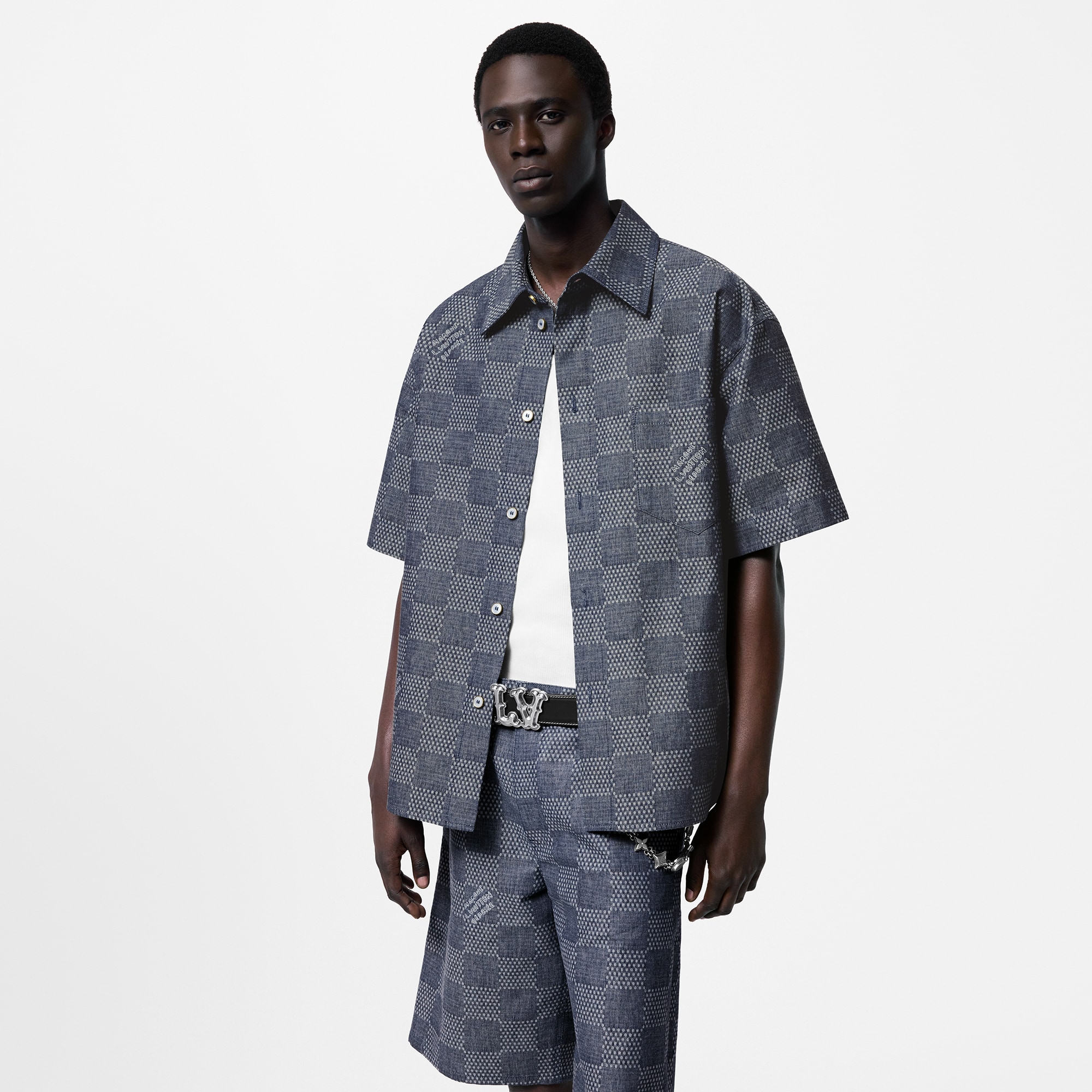 Damier 圖案短袖 Chambray 面料襯衫  in 男士