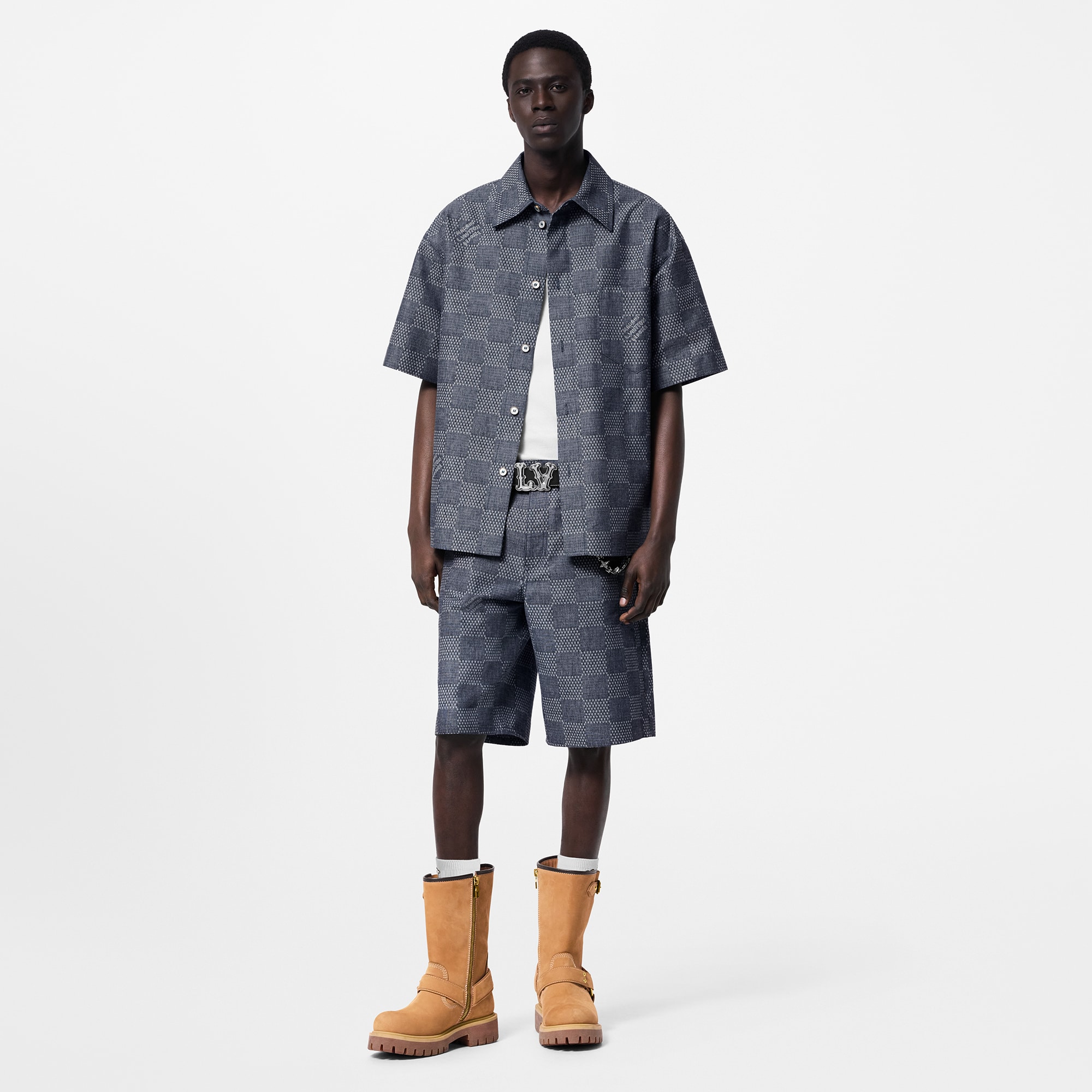 Damier 圖案短袖 Chambray 面料襯衫  in 男士