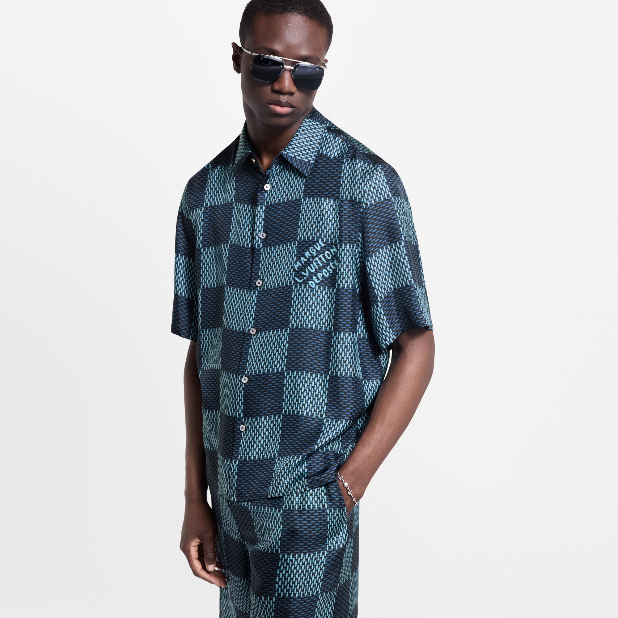 Damier 短袖絲質襯衫  in 男士