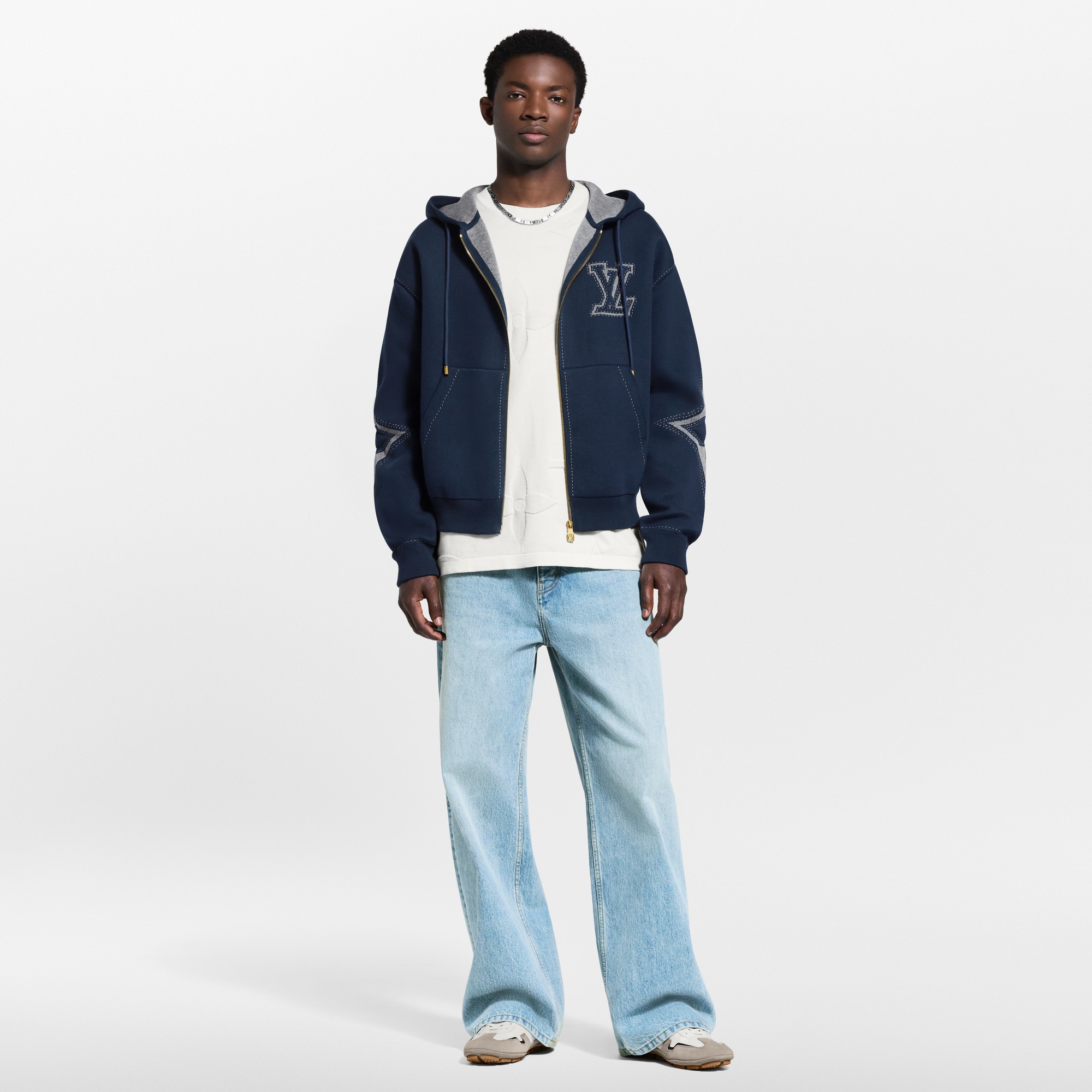 幾何風嵌飾拉鏈棉質連帽上衣  in 男士