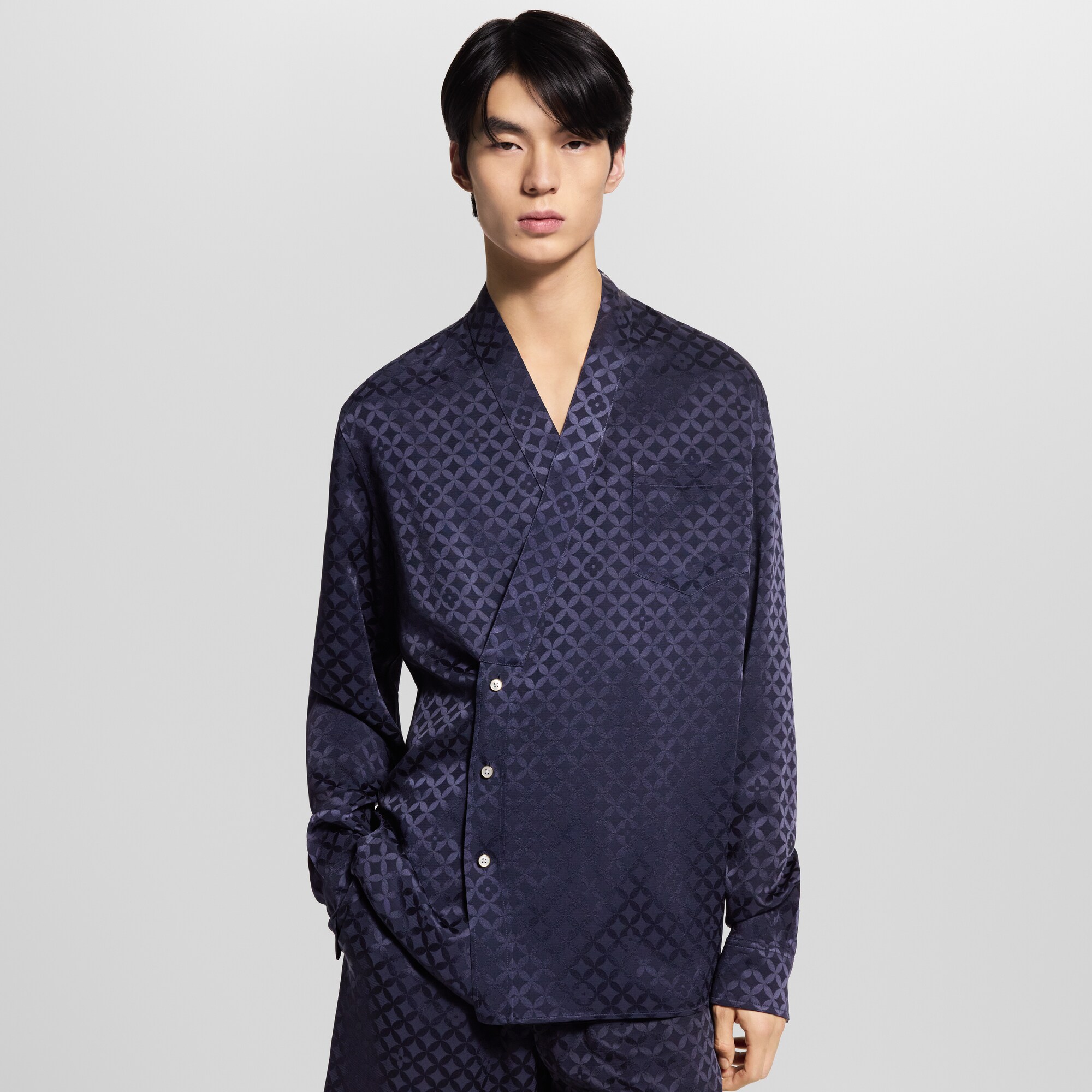 幾何風提花長袖和服式襯衫  in 男士
