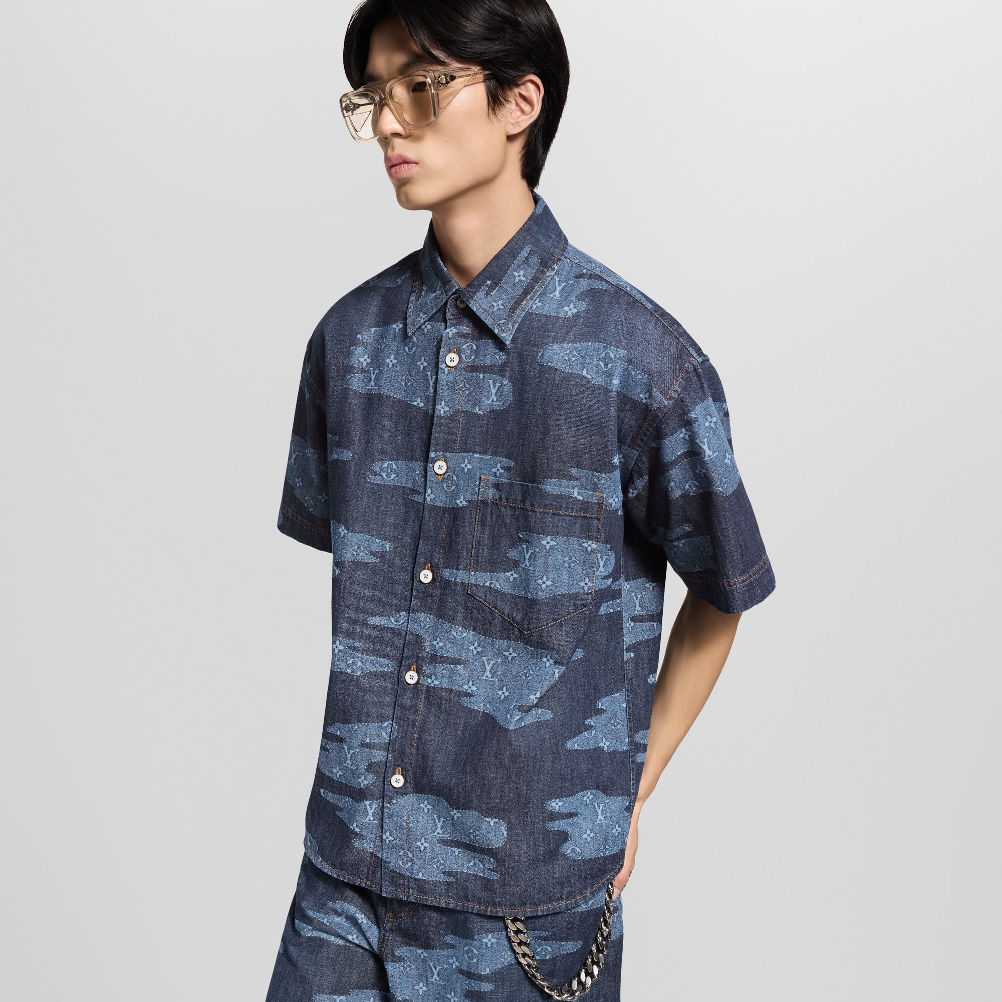 Monogram 圖案短袖 Chambray 襯衫  in 男士