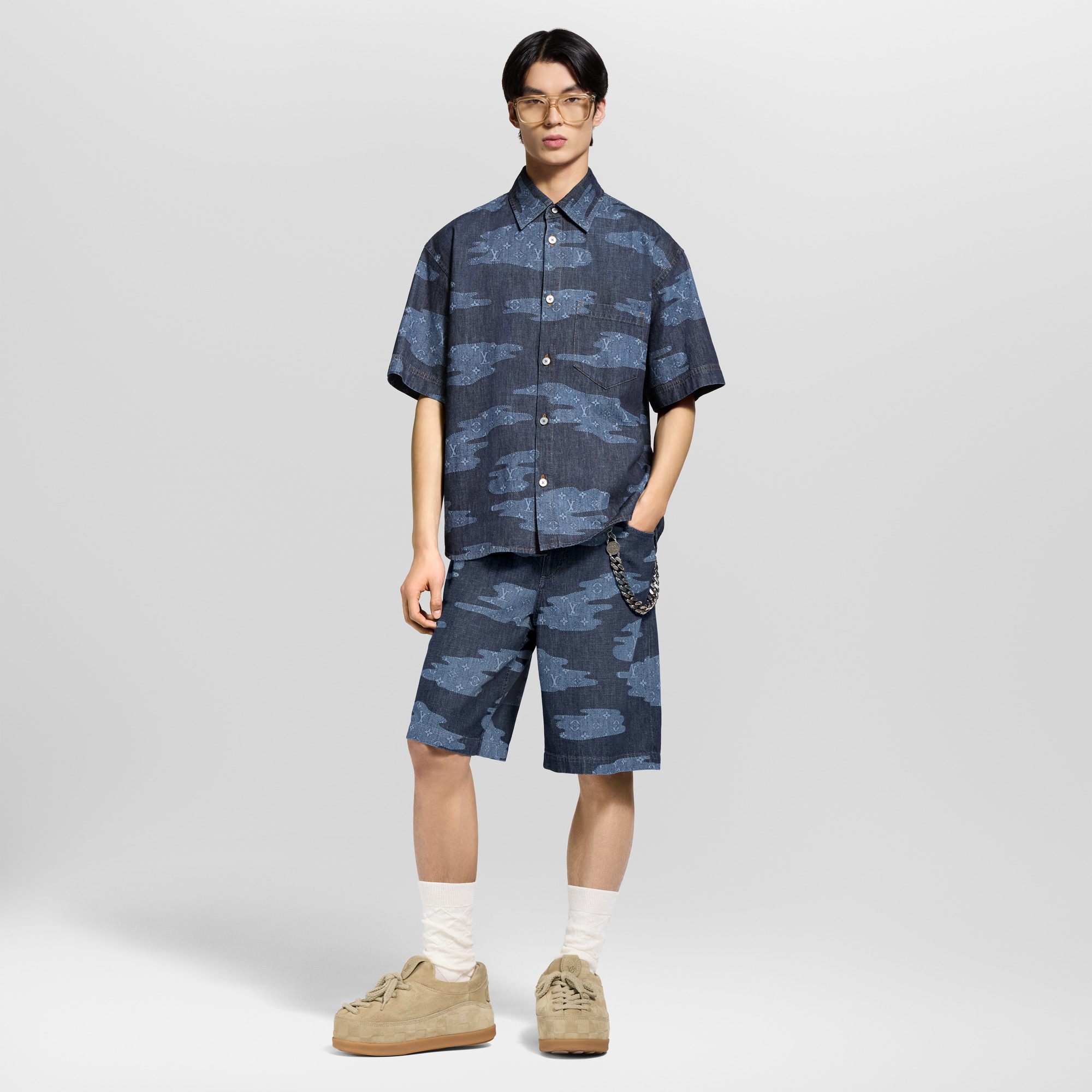 Monogram 圖案短袖 Chambray 襯衫  in 男士