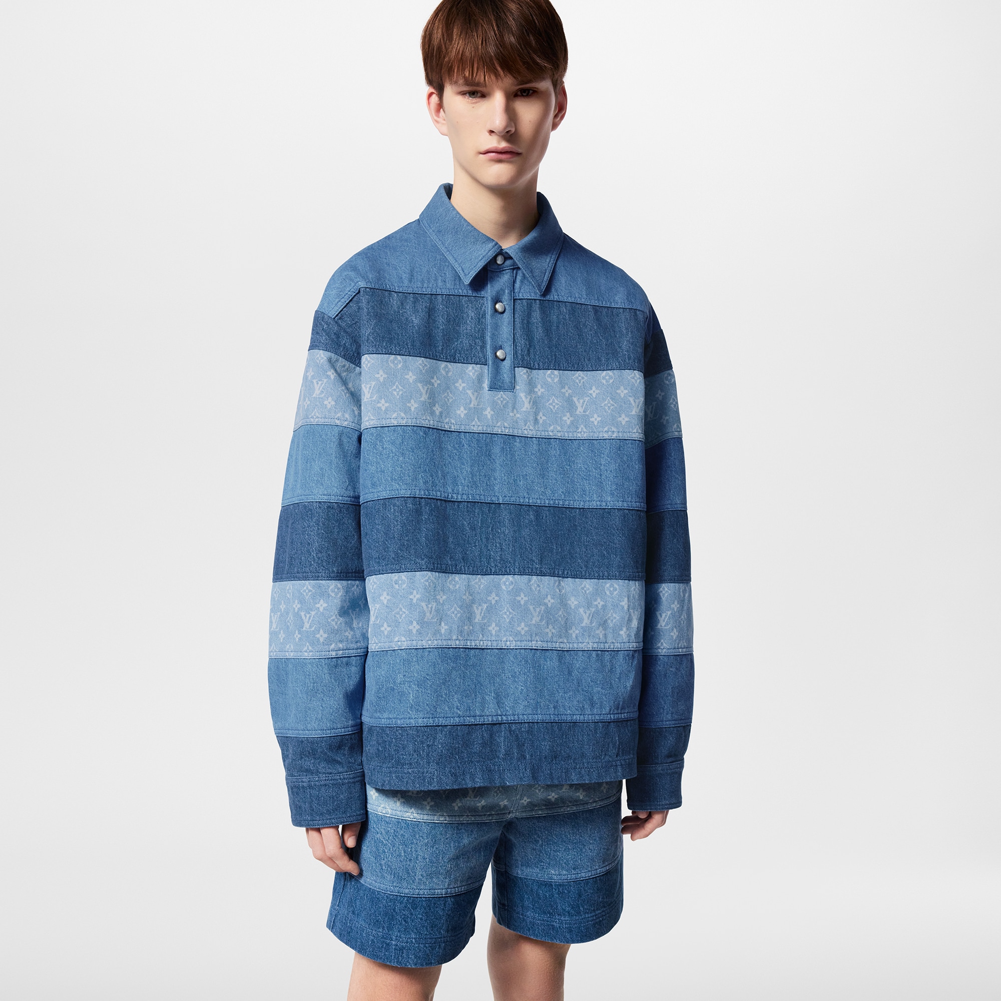 拼貼長袖牛仔布 Polo 衫  in 男士