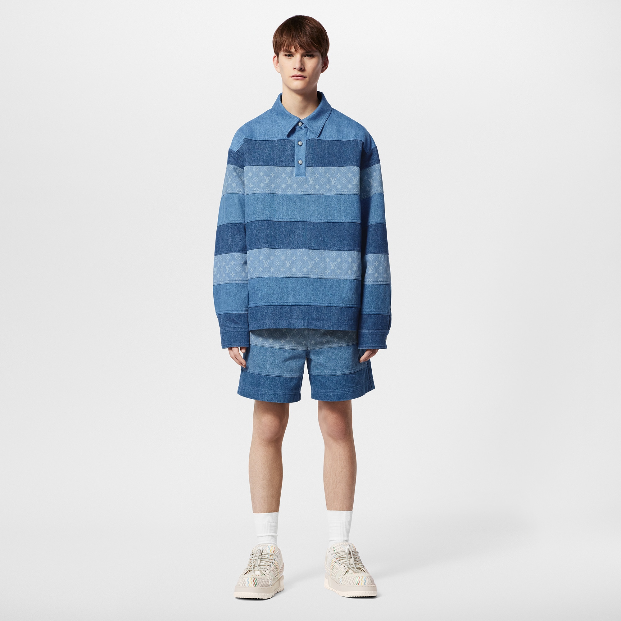 拼貼長袖牛仔布 Polo 衫  in 男士