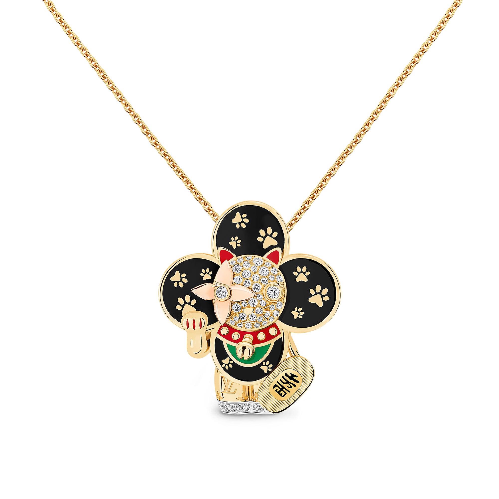 Vivienne Maneki Neko 三色K金及亮漆配鑽石吊墜  in 珠寶系列