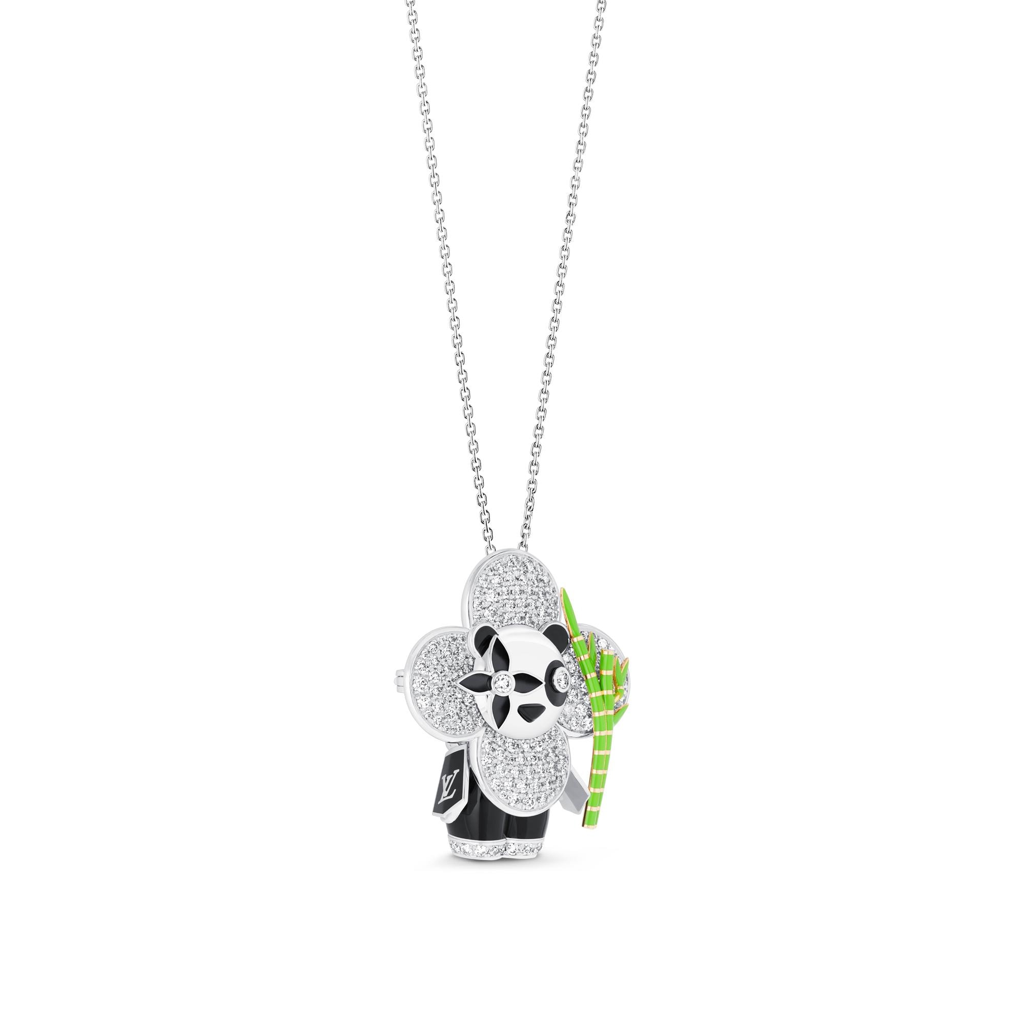 Vivienne Panda 白K金及黃K金配縞瑪瑙、亮漆及鑽石吊墜  in 珠寶系列