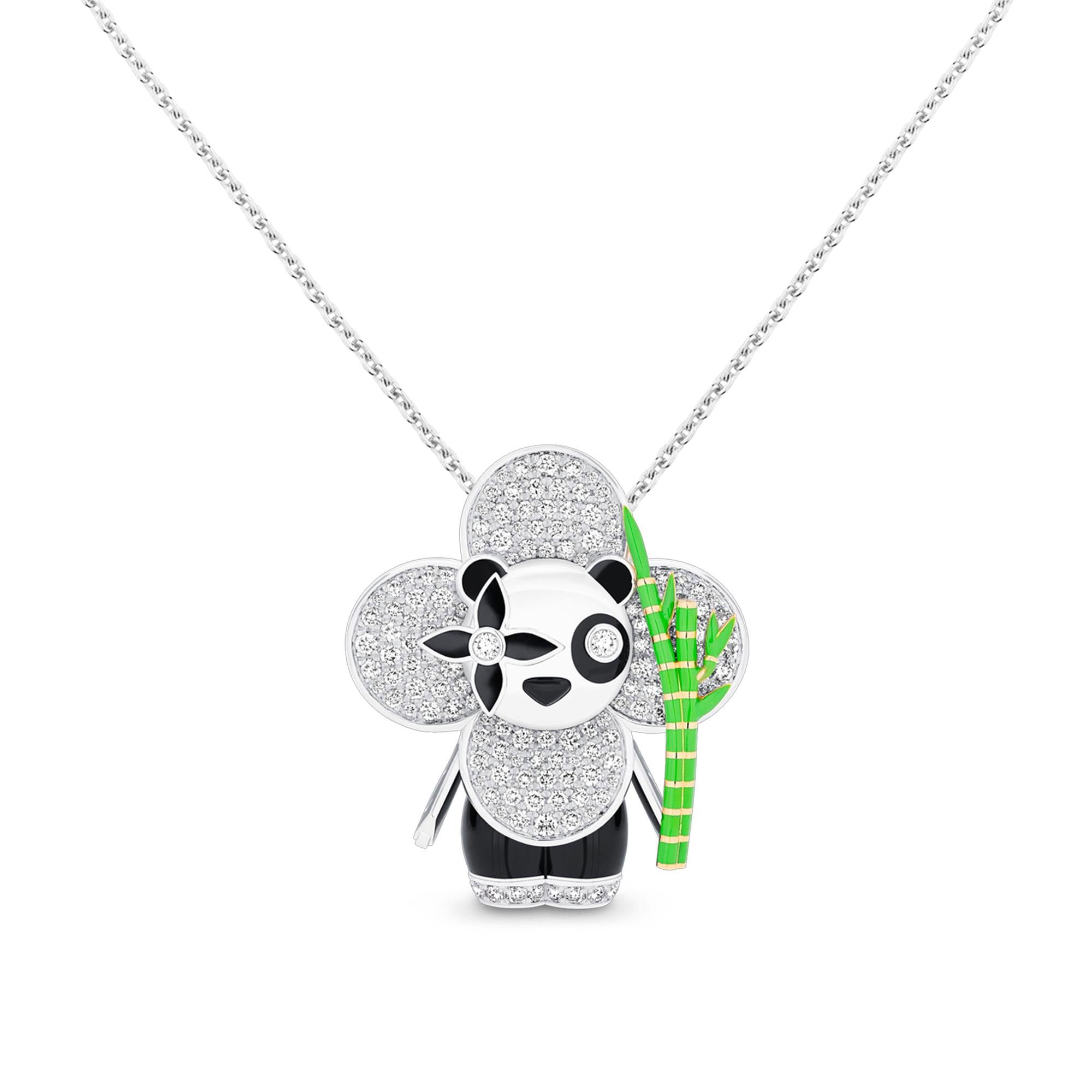 Vivienne Panda 白K金及黃K金配縞瑪瑙、亮漆及鑽石吊墜  in 珠寶系列