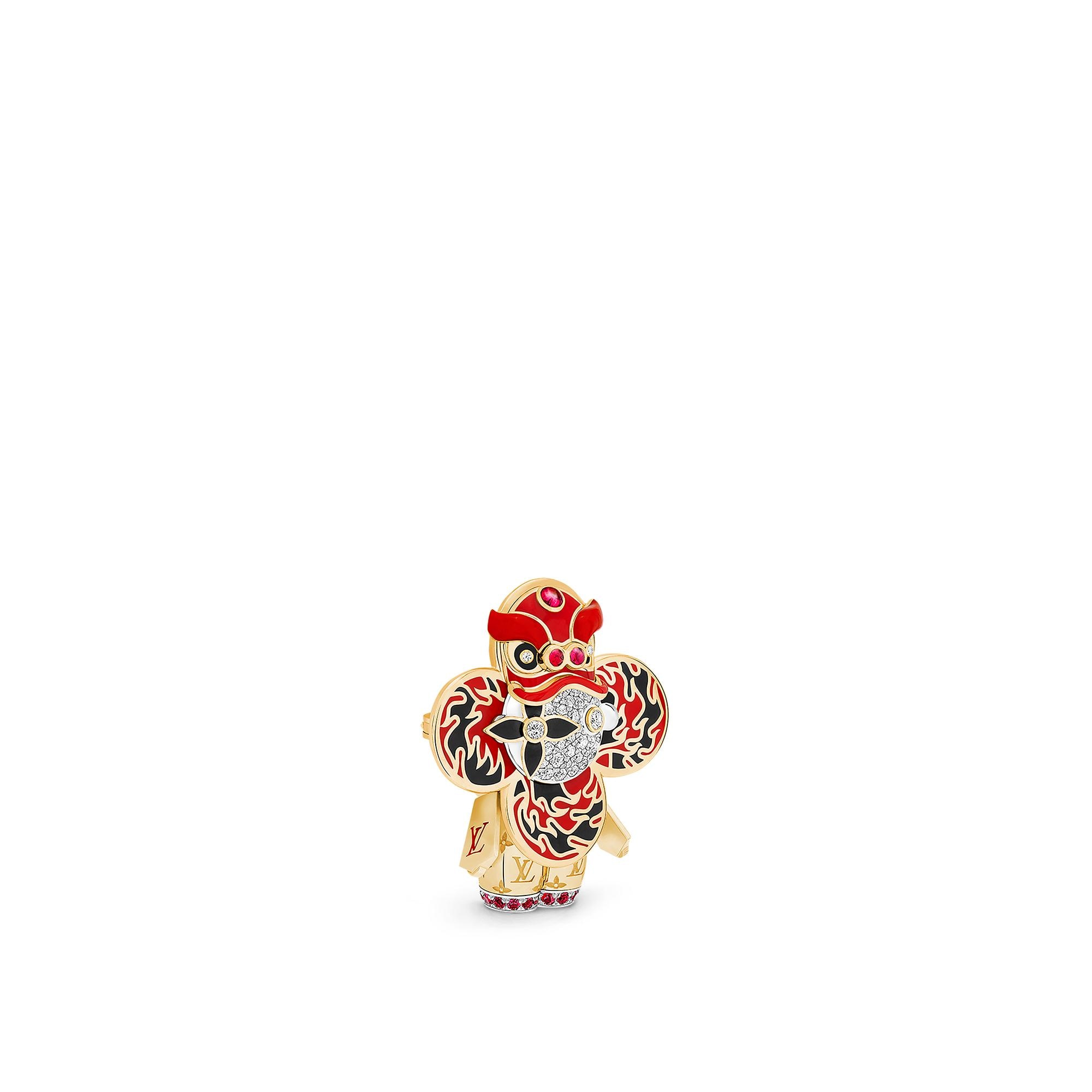 紅色 Vivienne Lion Dance 黃K金、白K金及亮漆配鑽石及有色寶石吊墜  in 珠寶系列