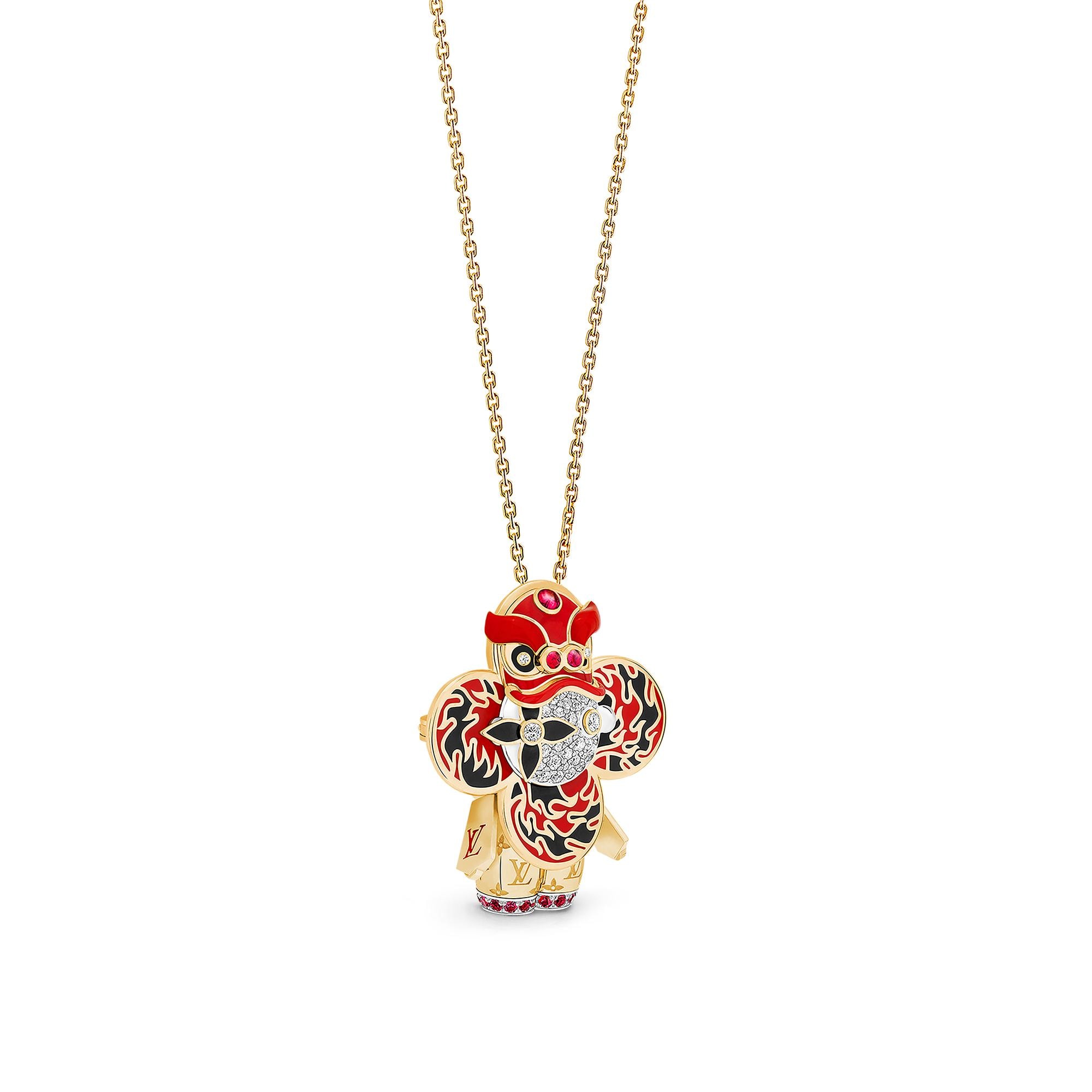 紅色 Vivienne Lion Dance 黃K金、白K金及亮漆配鑽石及有色寶石吊墜  in 珠寶系列