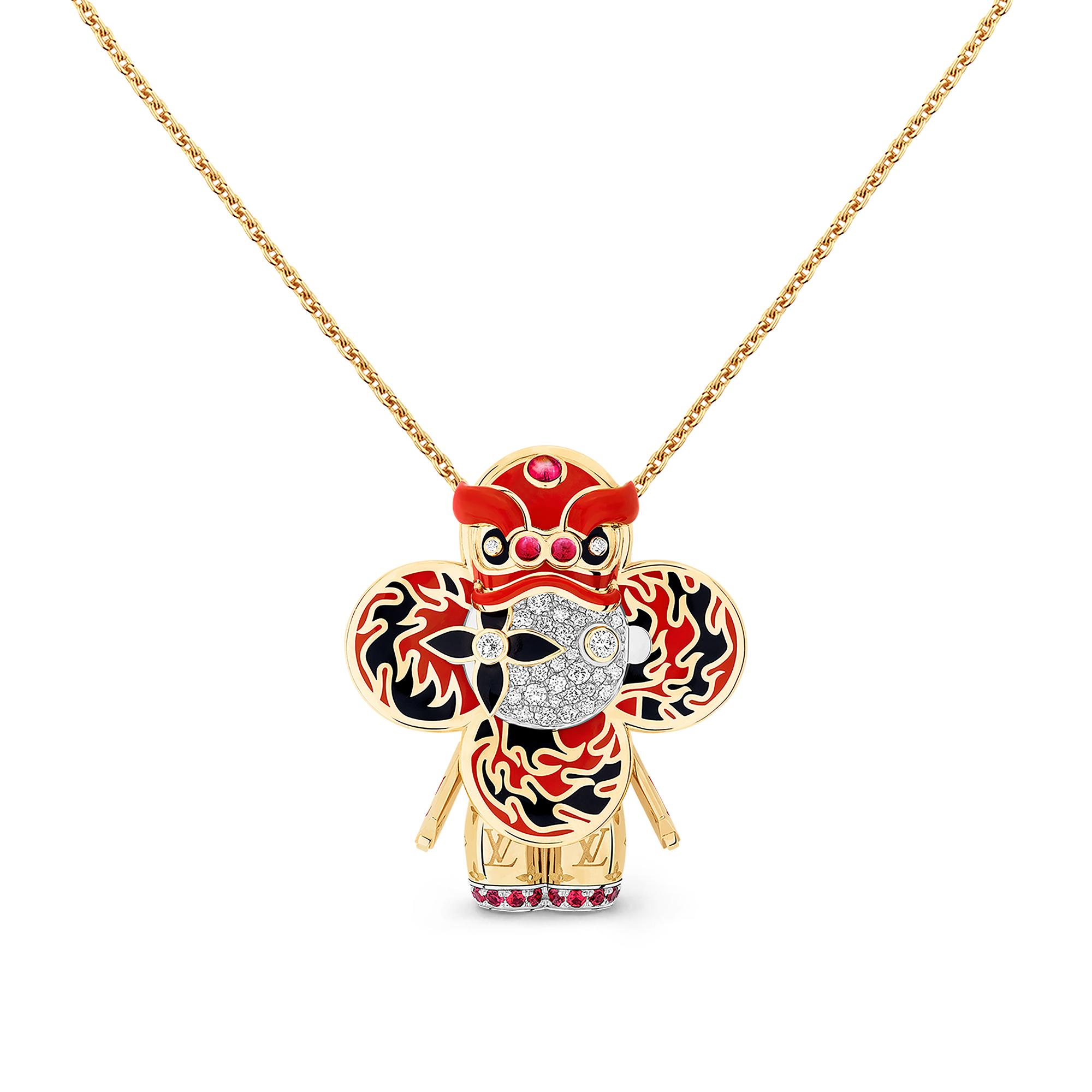 紅色 Vivienne Lion Dance 黃K金、白K金及亮漆配鑽石及有色寶石吊墜  in 珠寶系列